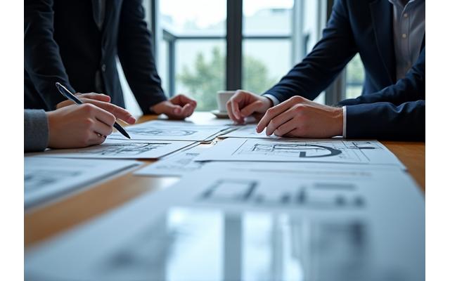 고객과 컨설턴트가 예술 조각 도면을 보며 상담하는 모습