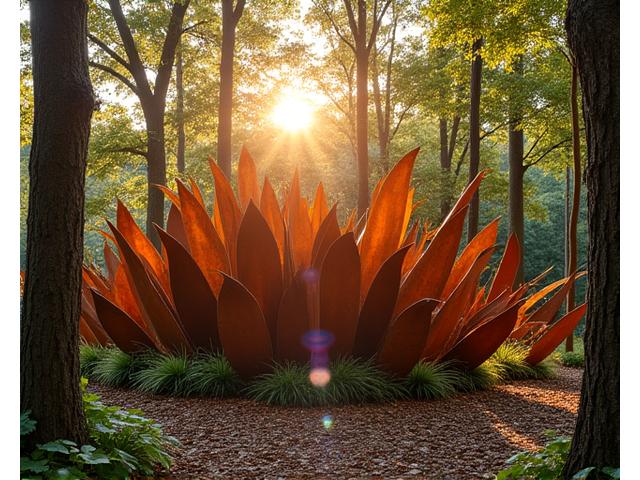 숲속에 설치된 환경 금속 조각