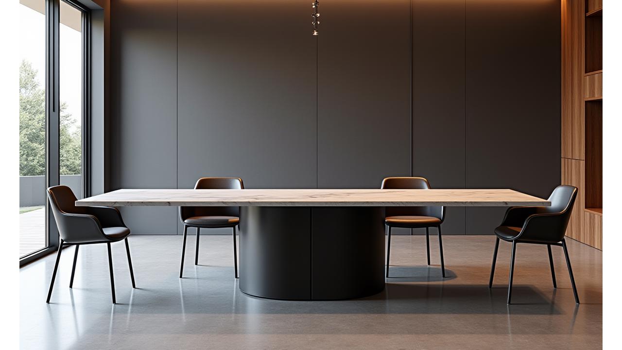 모던하고 고급스러운 금속 다이닝 테이블과 의자가 있는 세련된 인테리어 공간