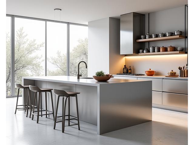 모던한 금속 아일랜드 주방과 선반