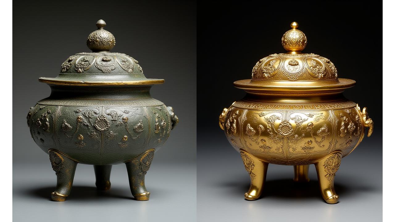 녹슬고 훼손된 금속 유물이 Gyeollin Craft의 정교한 복원 기술로 광채를 되찾은 모습 (비교 이미지).