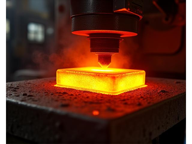 붉게 달궈진 금속이 열간단조 프레스에서 가공되는 모습