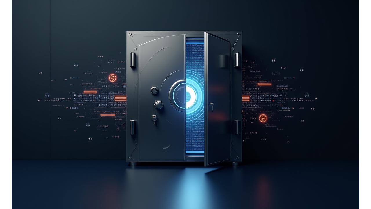 안전하게 잠겨있는 금속 금고와 주변에 디지털 보안 아이콘이 떠있는 이미지